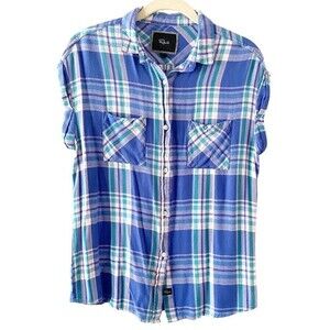 Rails Blue Plaid Button Front Collared Short Sleeve Shirt S